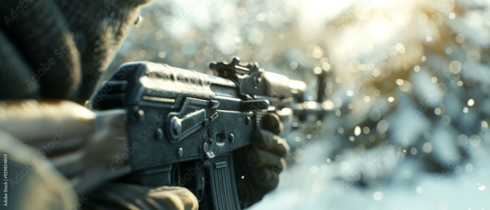 A person tightly grips a gun against a backdrop of falling snow Trees, partially obscured by the winter scene, stand still behind A person tightly grips a gun against a backdrop of falling snow Trees, partially obscured by the winter scene, stand still behind