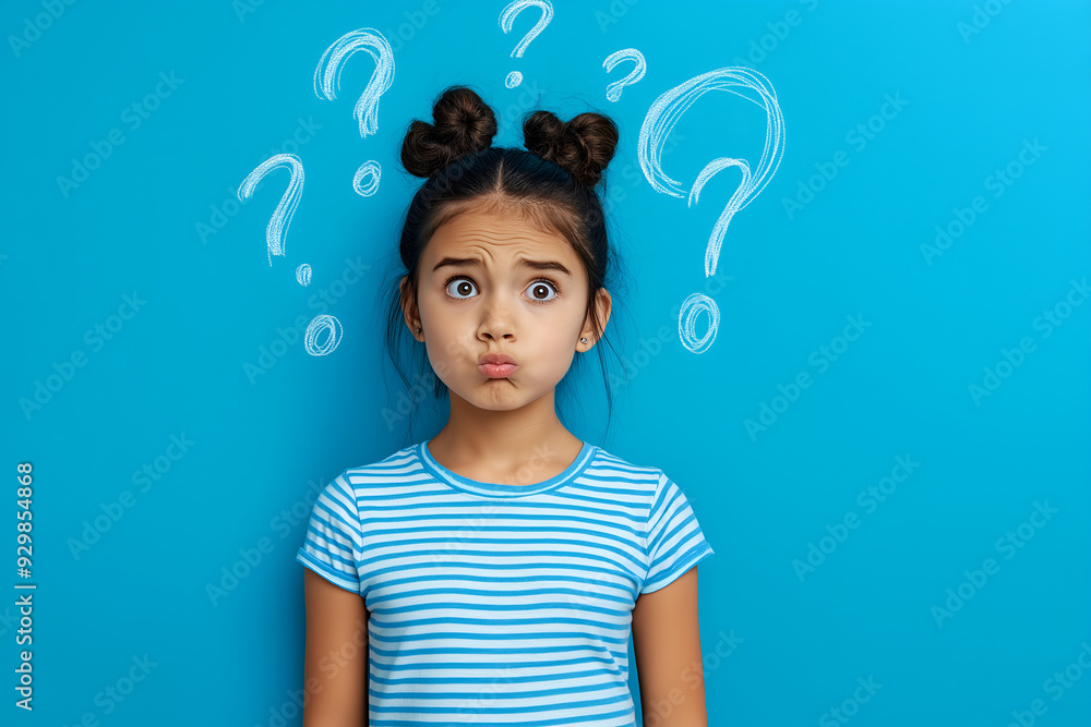 A young girl stands with question marks floating above her head, lost in thought A young girl stands with question marks floating above her head, lost in thought