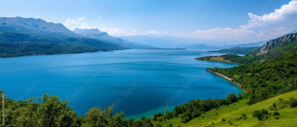 A large, tranquil lake encircled by verdant hills and a crystal-clear blue sky dotted with scattered clouds A large, tranquil lake encircled by verdant hills and a crystal-clear blue sky dotted with scattered clouds