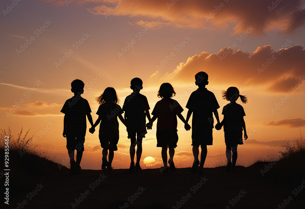 Fototapeta premium Group of children holding hands and walking into the sunset.