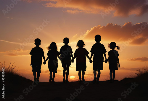 Group of children holding hands and walking into the sunset.