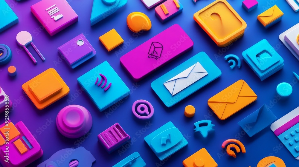 Colorful 3D Icons on Blue Background. Colorful 3D Icons on Blue Background.