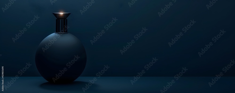 A Single Black Perfume Bottle on a Dark Blue Background A Single Black Perfume Bottle on a Dark Blue Background