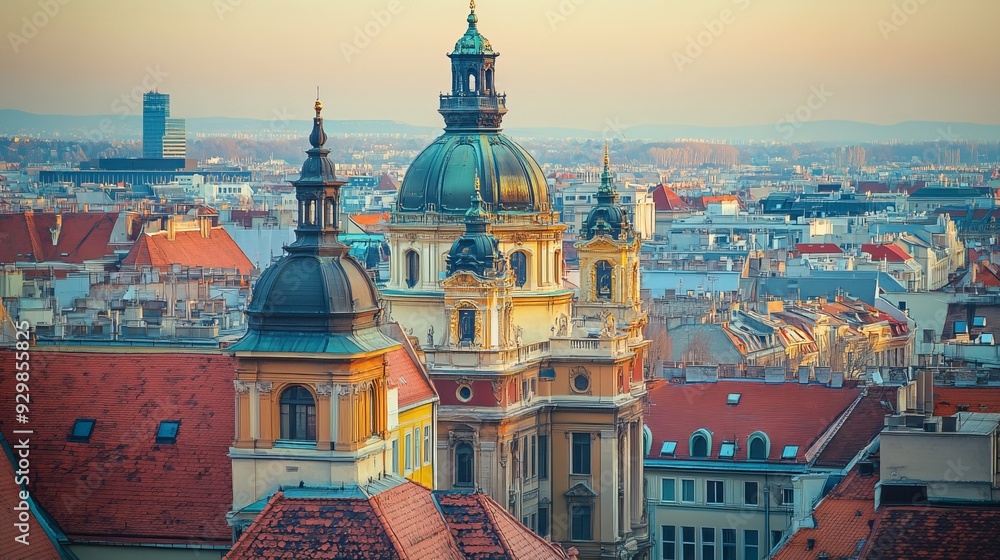 The skyline of Budapest, Hungary, as seen from the rooftop of St. Stephen's Basilica. The skyline of Budapest, Hungary, as seen from the rooftop of St. Stephen's Basilica.