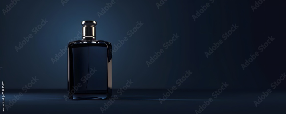 Black Glass Bottle with Golden Cap on a Dark Blue Background Black Glass Bottle with Golden Cap on a Dark Blue Background