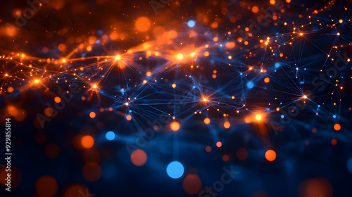 Abstract network of glowing connections in blue and orange hues.