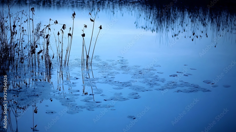 The tranquil blue hues of twilight are beautifully reflected on the glassy surface of a pond, with slender reeds and dried plants lining the water's edge. The tranquil blue hues of twilight are beautifully reflected on the glassy surface of a pond, with slender reeds and dried plants lining the water's edge.