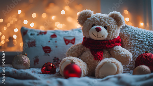 Wallpaper Mural a teddy bear with a red scarf, sitting on a bed adorned with holiday-themed pillows and ornaments. The scene is illuminated by warm bokeh lights in the background, enhancing the cozy Christmas vibe Torontodigital.ca