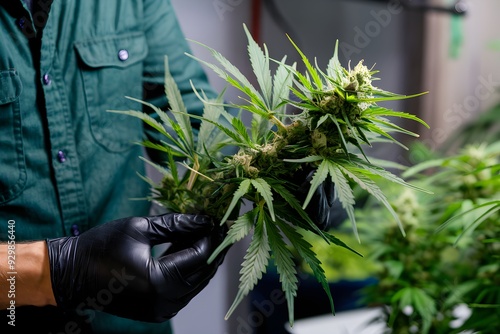 Person in green shirt holds cannabis branch with leaves and buds in a blurred setting photo