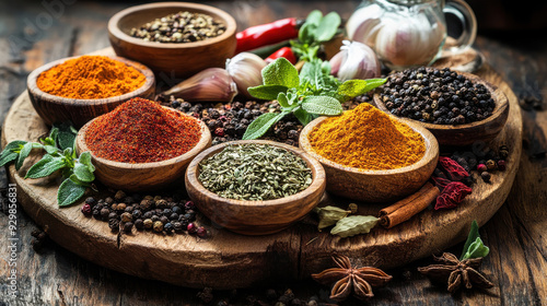 An assortment of spices and herbs on a rustic wooden board, creating a colorful and aromatic scene