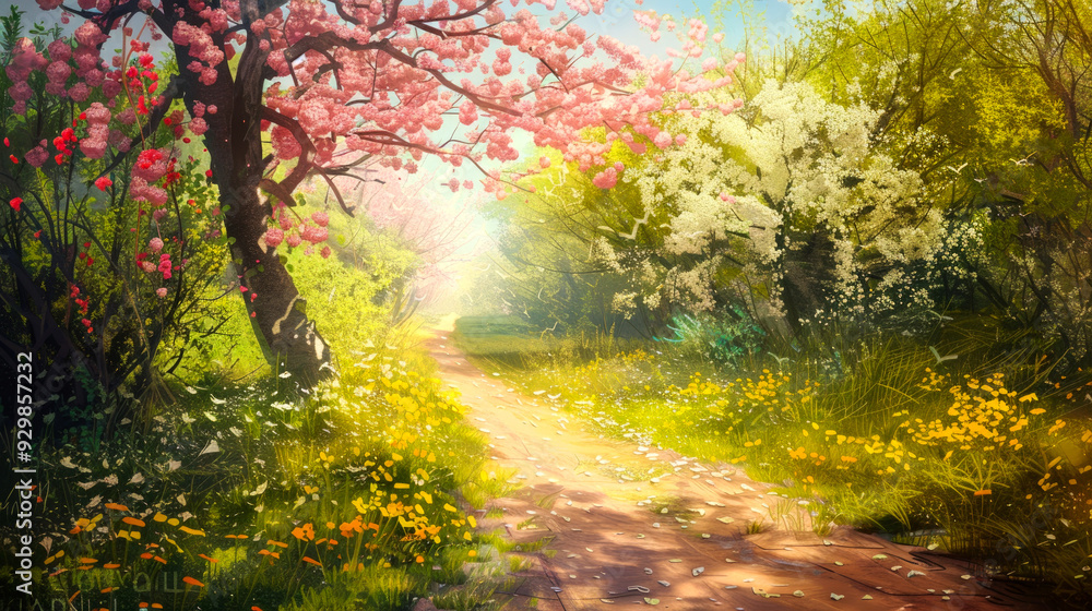 Sunlit Path Through Blooming Trees in Springtime Sunlit Path Through Blooming Trees in Springtime