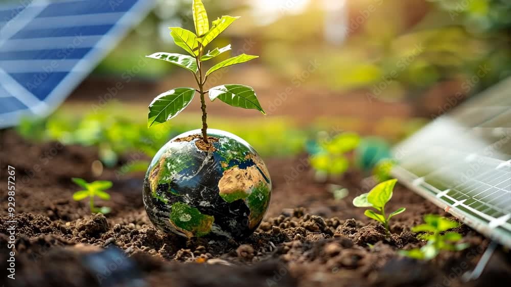 Green Growth: A sprout emerges from a miniature globe, symbolizing a sustainable future powered by solar energy. The image captures a hopeful message of renewal and environmental responsibility. Green Growth: A sprout emerges from a miniature globe, symbolizing a sustainable future powered by solar energy. The image captures a hopeful message of renewal and environmental responsibility.