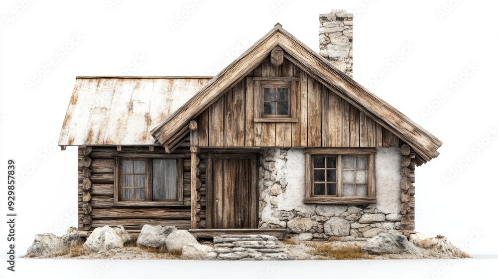 A rustic wooden house featuring stone accents and a sloped roof. Perfect for illustrating countryside living and cozy homes. A rustic wooden house featuring stone accents and a sloped roof. Perfect for illustrating countryside living and cozy homes.