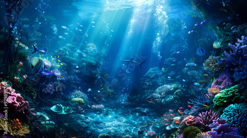 Underwater Scene with Reef, Fish, and Sunbeams