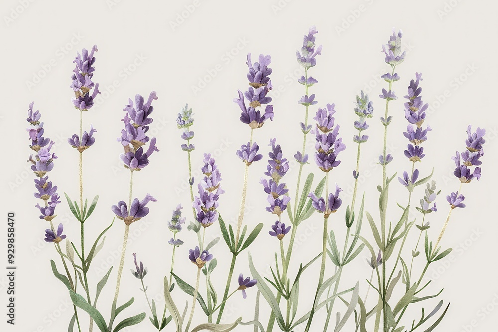 Fototapeta premium A botanical illustration of a lavender plant, showcasing its tall stems and small purple flowers in fine detail