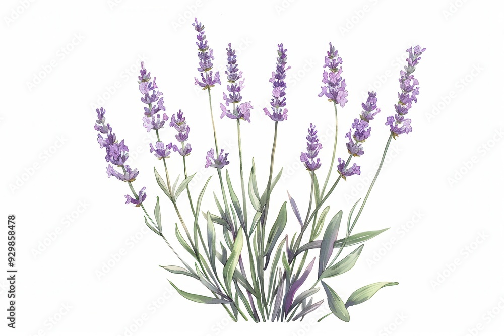 Fototapeta premium A botanical illustration of a lavender plant, showcasing its tall stems and small purple flowers in fine detail
