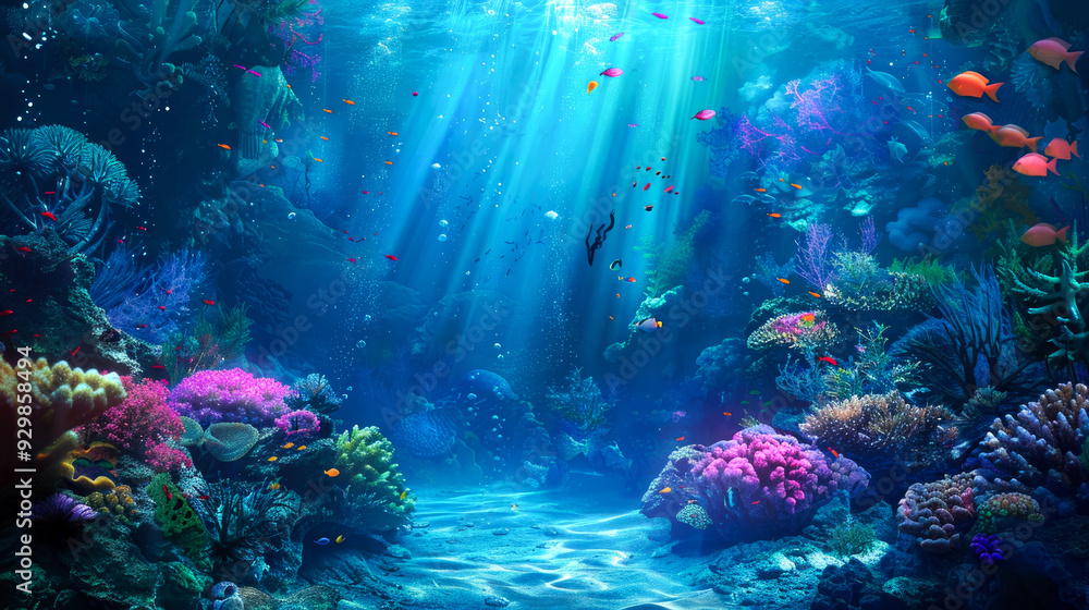 Underwater Scene with Sunbeams Illuminating Coral Reef and Fish Underwater Scene with Sunbeams Illuminating Coral Reef and Fish