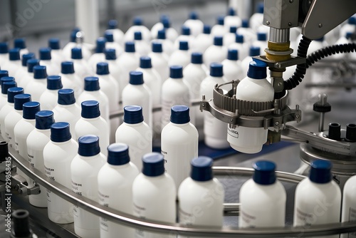 Wallpaper Mural White bottles with blue caps on production line; mechanical arm holds some bottles Torontodigital.ca