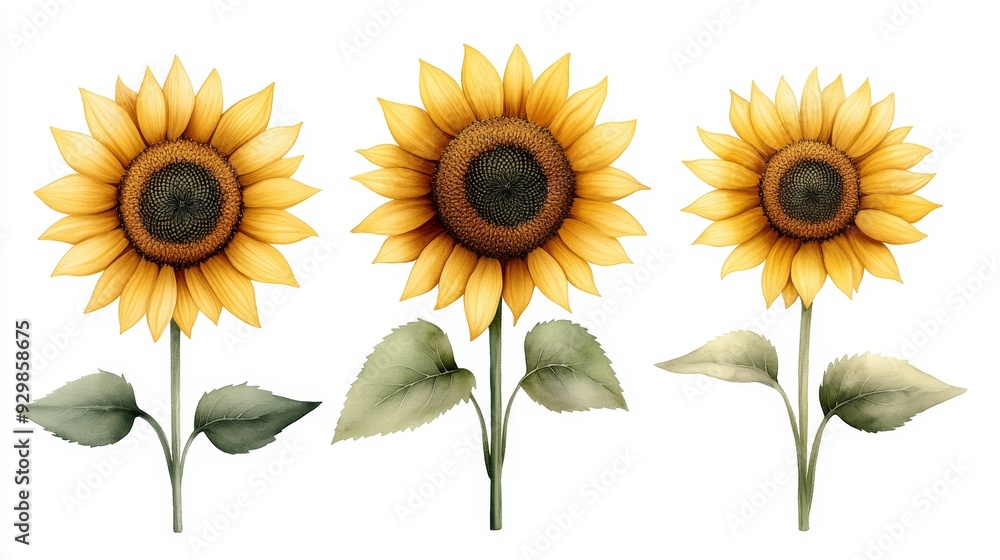 Beautiful watercolor sunflowers with vibrant yellow petals and green leaves, perfect for nature and floral themed projects. Beautiful watercolor sunflowers with vibrant yellow petals and green leaves, perfect for nature and floral themed projects.