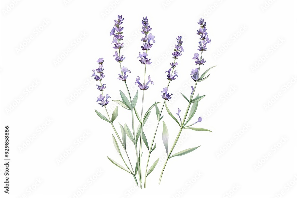 Obraz premium A botanical illustration of a lavender plant, showcasing its tall stems and small purple flowers in fine detail
