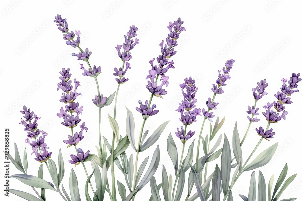 Fototapeta premium A botanical illustration of a lavender plant, showcasing its tall stems and small purple flowers in fine detail