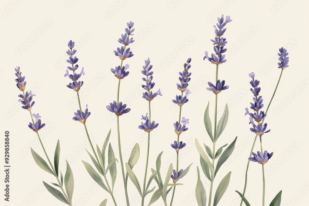 Naklejka premium A botanical illustration of a lavender plant, showcasing its tall stems and small purple flowers in fine detail