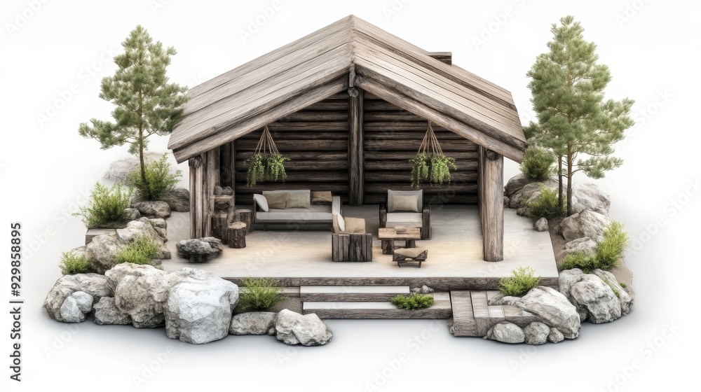 Obraz premium Charming wooden cabin design surrounded by nature, featuring a cozy patio and garden decor for relaxation and escape.