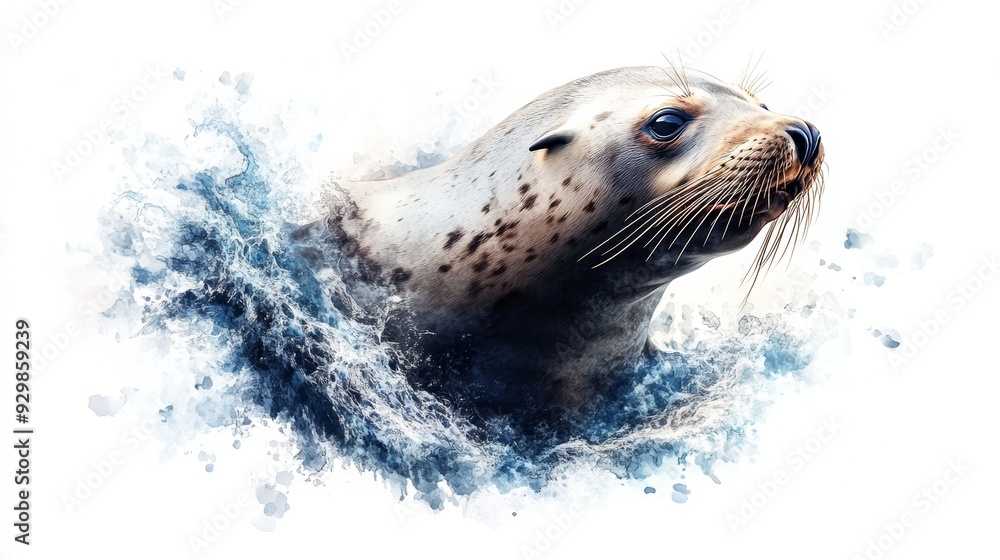 Fototapeta premium Graceful seal emerging from ocean waves, showcasing its playful nature and sleek, spotted body against a vibrant blue backdrop.