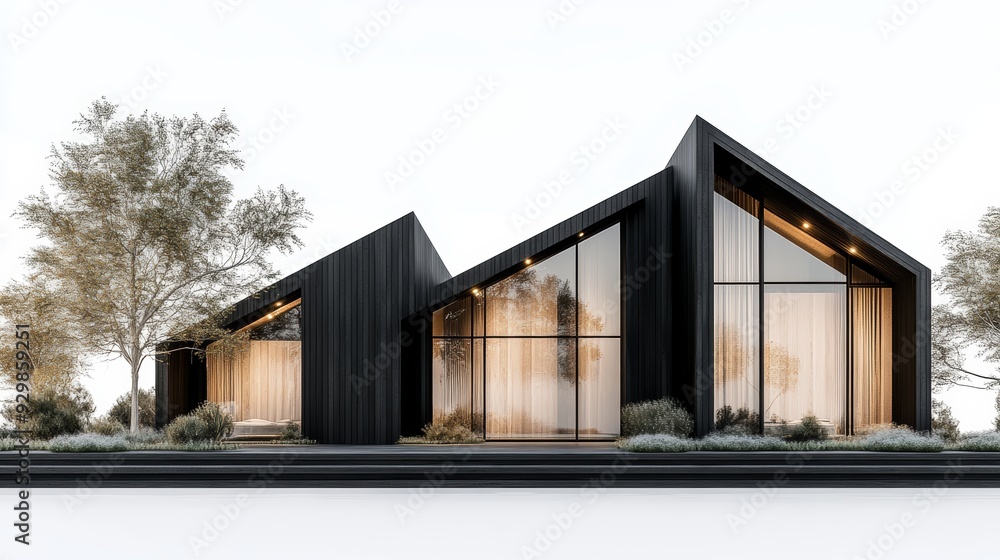 Modern architectural design featuring sleek black houses with glass facades, surrounded by greenery, showcasing minimalist aesthetics. Modern architectural design featuring sleek black houses with glass facades, surrounded by greenery, showcasing minimalist aesthetics.