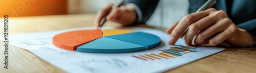 Close-up of a financial advisor using a pie chart to explain diversification benefits, symbolizing strategic financial planning photo