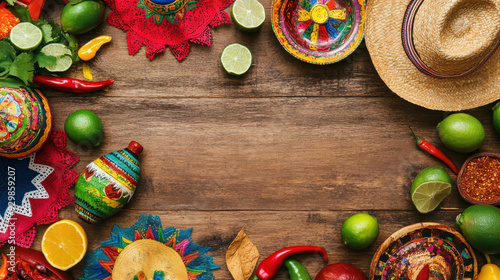 Artistic floor composition featuring Mexican elements: papel picado, maracas, sombreros, 