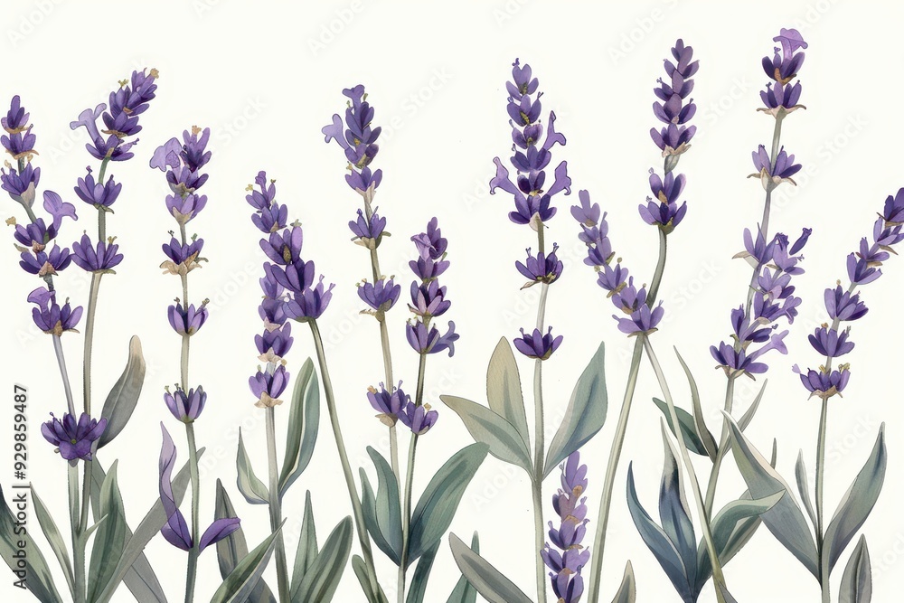 Obraz premium A botanical illustration of a lavender plant, showcasing its tall stems and small purple flowers in fine detail