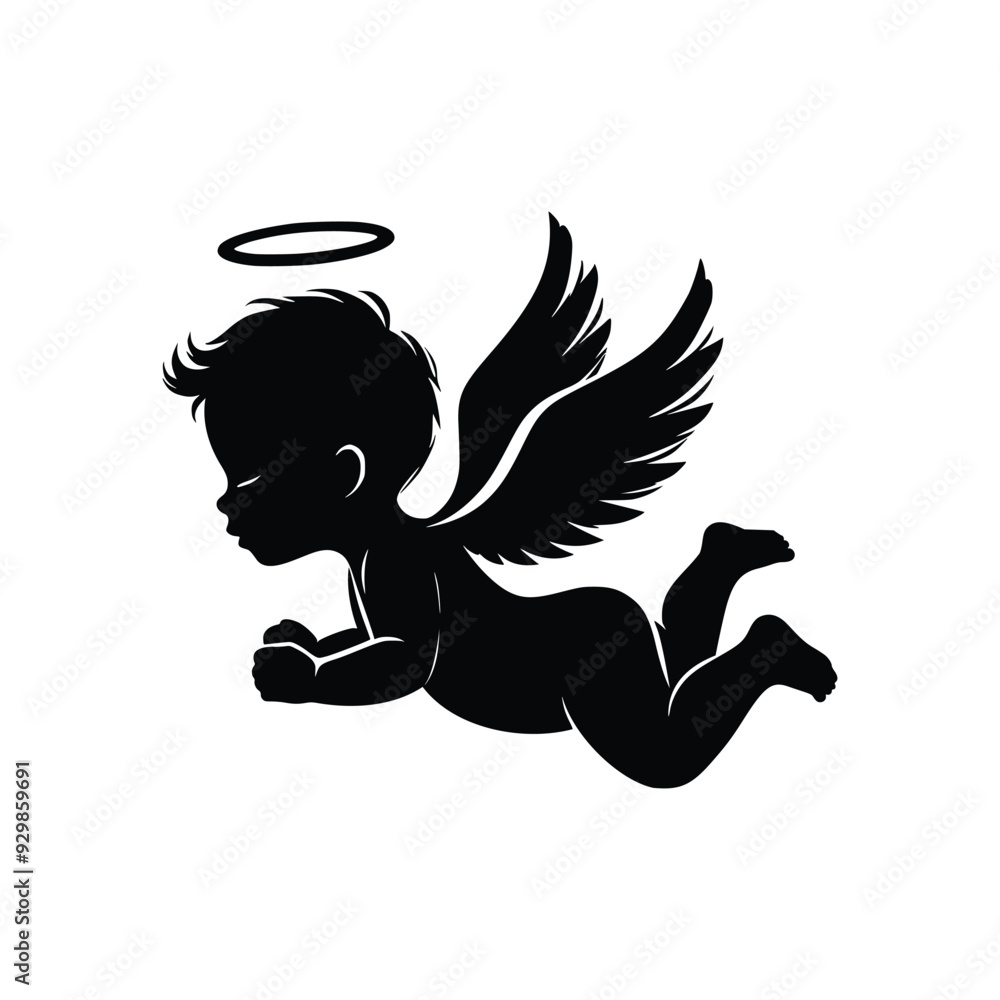 Fototapeta premium silhouette of flying baby angle black and white vector illustration