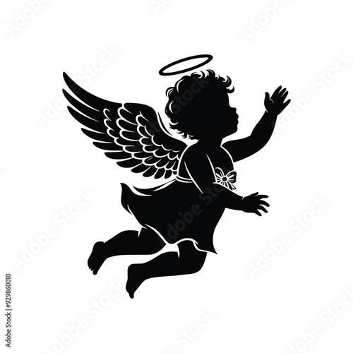 silhouette of flying baby angle black and white vector illustration