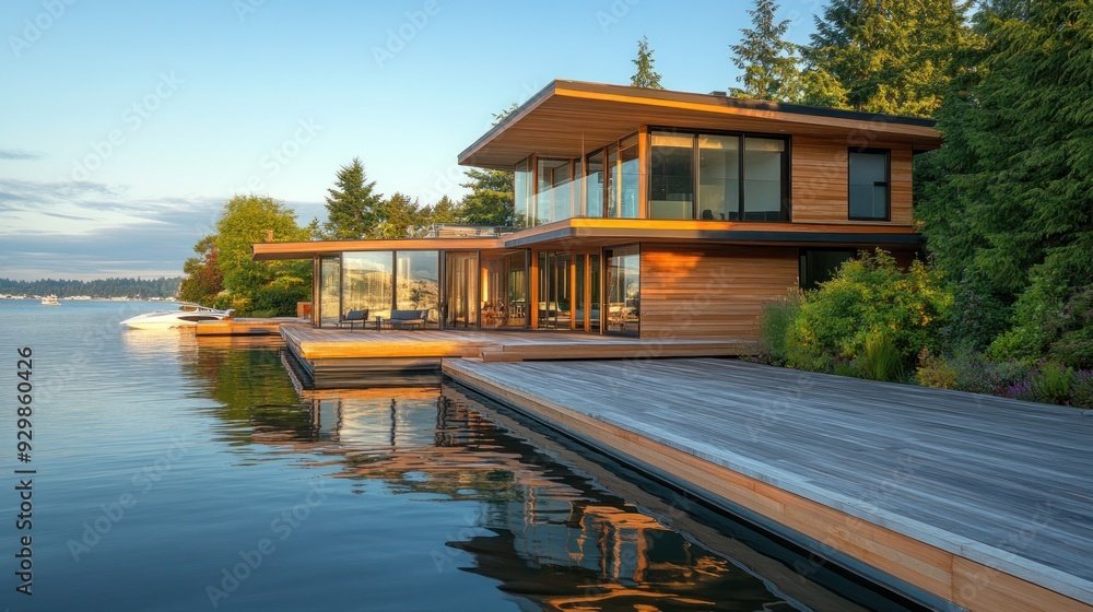 Modern home on the water with a wooden deck and a stunning view. Modern home on the water with a wooden deck and a stunning view.