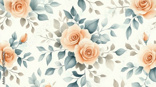 Wallpaper Mural A floral pattern featuring soft peach roses and green leaves on a light background. Torontodigital.ca