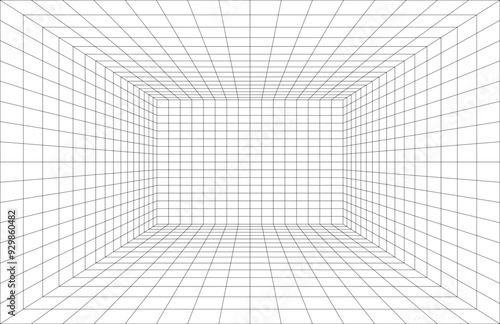 Empty futuristic digital box room. Wireframe grid template in perspective