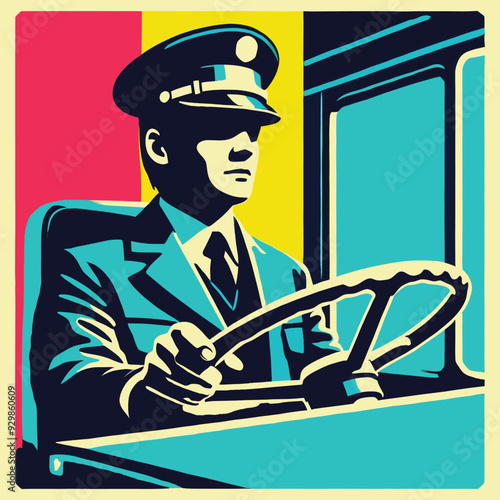 A bus driver wearing a uniform and hat behind the wheel looks intently at the road while driving. Vector illustration