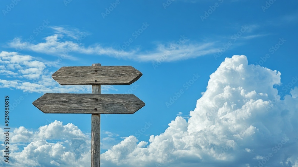 A wooden signpost stands tall under a vast blue sky. The clouds drift lazily in the background. This image captures the essence of direction and choice. Explore the journey ahead. AI A wooden signpost stands tall under a vast blue sky. The clouds drift lazily in the background. This image captures the essence of direction and choice. Explore the journey ahead. AI