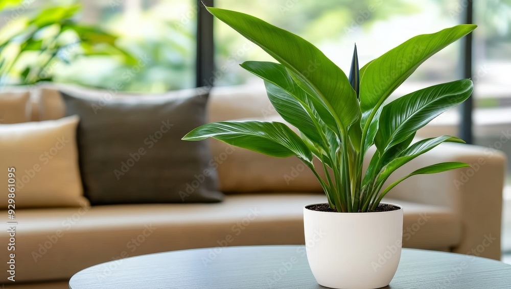 Close-up of a white potted plant on a coffee table in a living room Close-up of a white potted plant on a coffee table in a living room