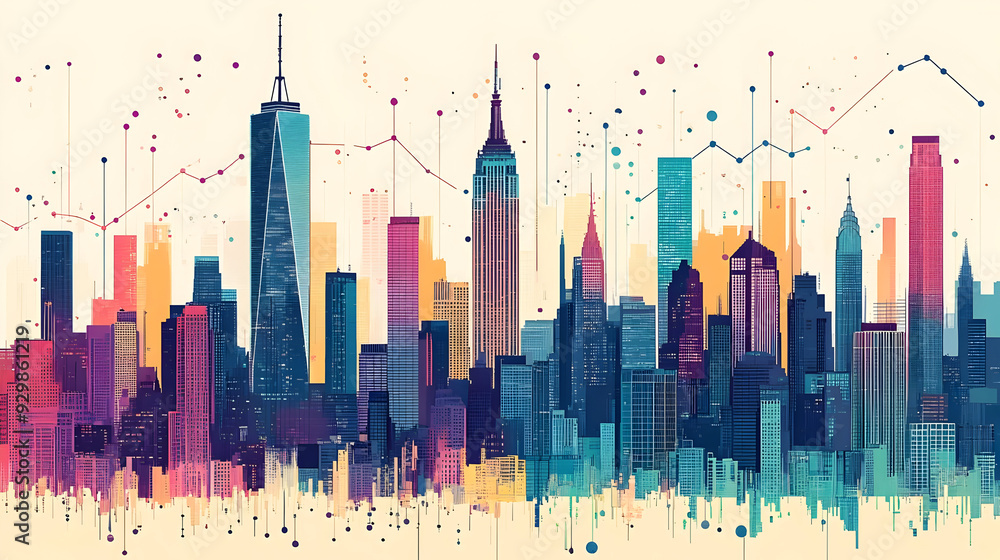 Fototapeta premium Colorful city skyline with abstract data visualization elements.