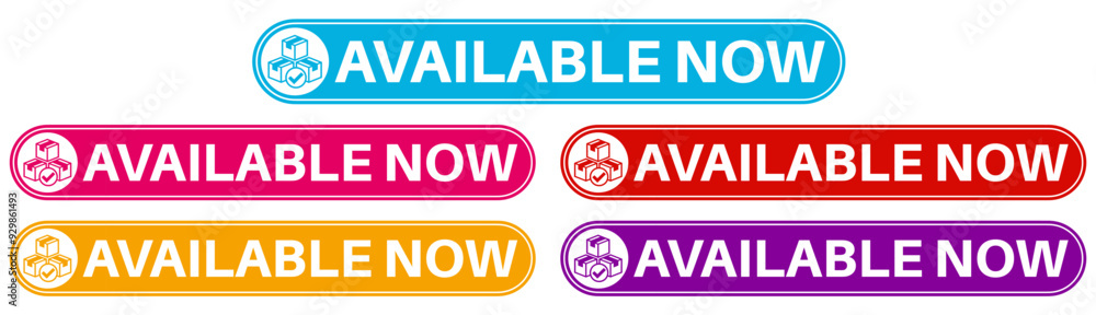 set trendy colorful available now labels icon sign template sticker design vector illustration set trendy colorful available now labels icon sign template sticker design vector illustration