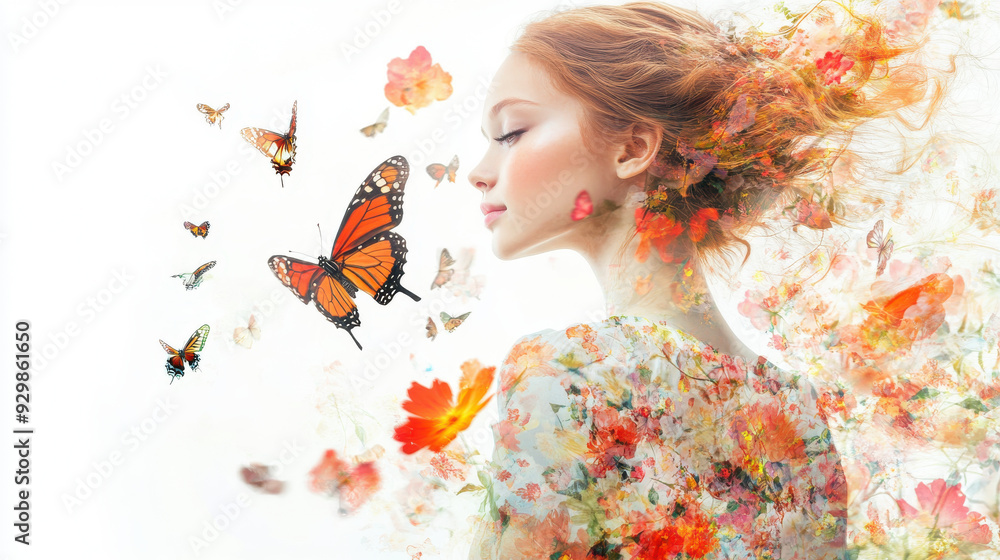 Fototapeta premium Beautiful girl in a floral and butterfly dress, flowers flying in front of her against a white background, high-definition details, impressionist-inspired composition