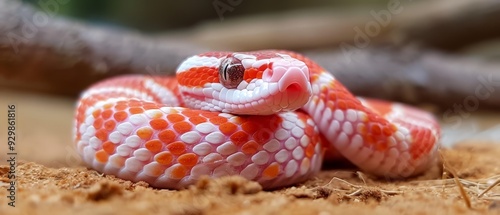  A tight shot of a red-and-white snake on the ground, surrounded by a tree branch in the foreground A tree branch appears against the background photo