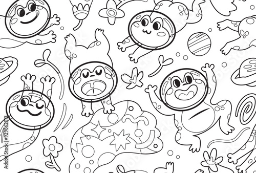Black and white seamless pattern with cute cartoon frogs astronauts in the space