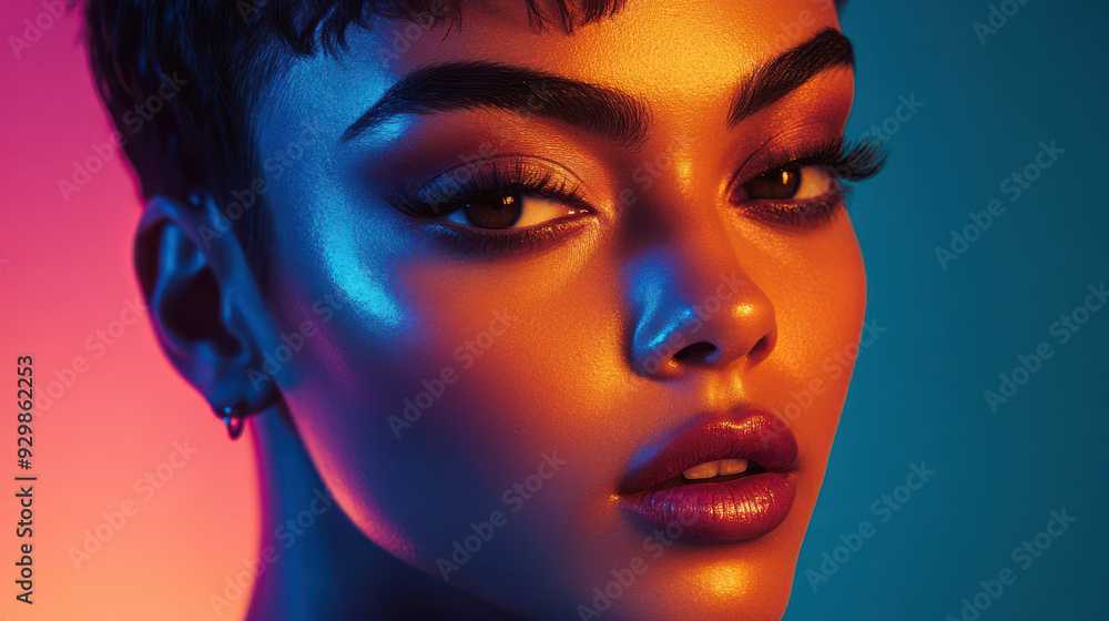 Beautiful woman with short hair, glowing skin and makeup in neon light, close-up portrait, fashion Beautiful woman with short hair, glowing skin and makeup in neon light, close-up portrait, fashion