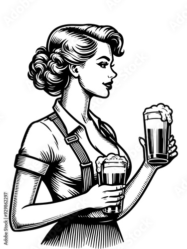 Retro-style illustration of a woman holding two glasses of beer. Vector, generative ai.