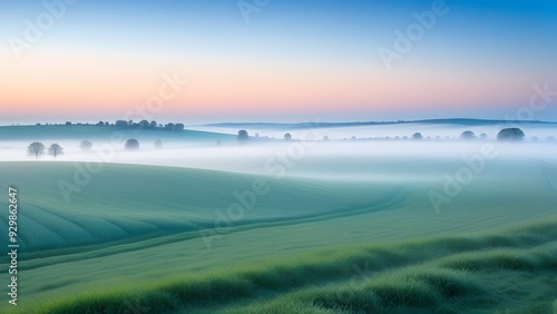 Foggy morning in the field. Landscape with fog. photo