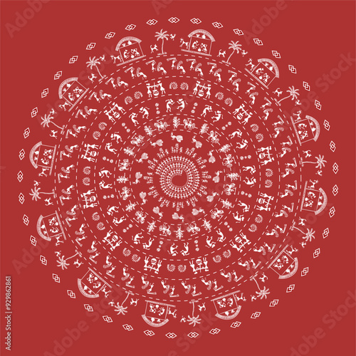 Illustration of Indian Tribal Painting in ornament style. Warli Art Vector Design.