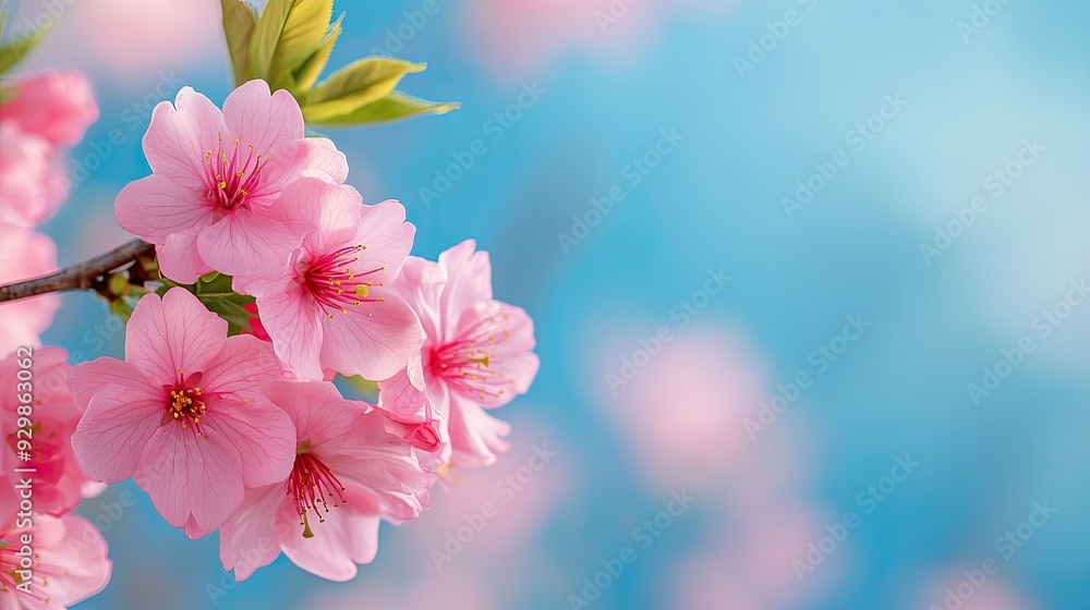 A beautiful close-up of pink cherry blossoms against a soft blue background, capturing the essence of spring and renewal. A beautiful close-up of pink cherry blossoms against a soft blue background, capturing the essence of spring and renewal.